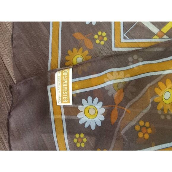 Vintage '60s -70s, Brown, plaid, floral fashion scarf made in Japan - Picture 3 of 5